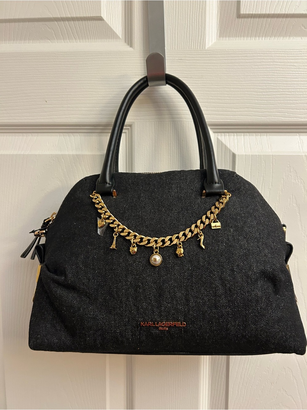 Karl Lagerfeld Black Denim Satchel with Gold Charm Chain Accents